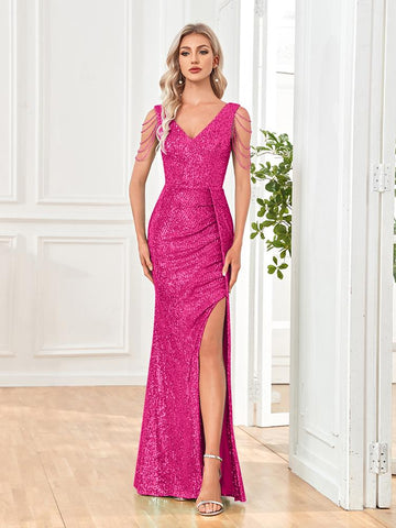 Women Elegant V-Neck Sequins Party Dress-WF01587-Veeddydropshipping