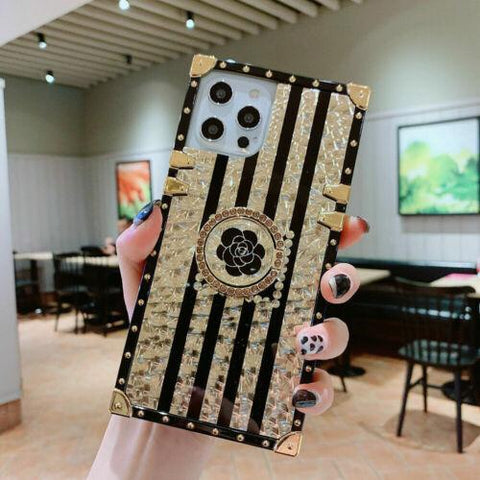 For iPhone 14 13 12 11 8 XS Glitter Bling Gold Flower Square Case Ring Kickstand-PA00170-Veeddydropshipping