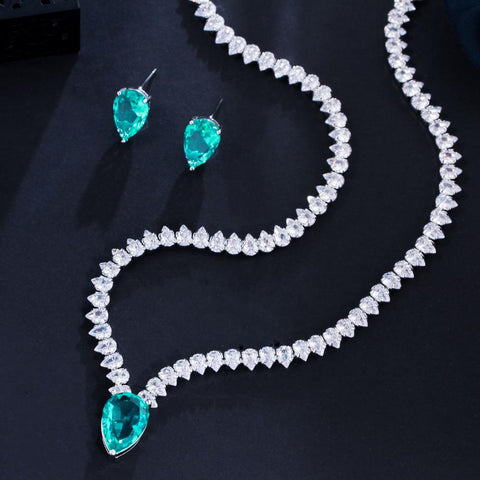 Zircons Elegant Big Light Green Water Drop CZ Crystal  Jewelry Sets -JW00324-Veeddydropshipping