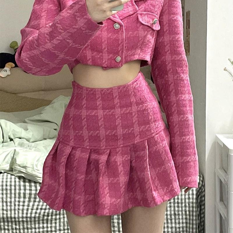 Sexy Ladies Plaid Short Cropped Top High Waist Mini Skirt-Veeddydropshipping
