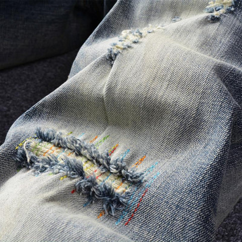 Yellow Blue Elastic Destroyed Slim Ripped Jeans-MF00622-Veeddydropshipping