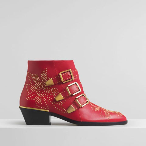 Round Toe Rivet Flower Short Boots Cowhide Thick Heel Low New-BS00985-Veeddydropshipping