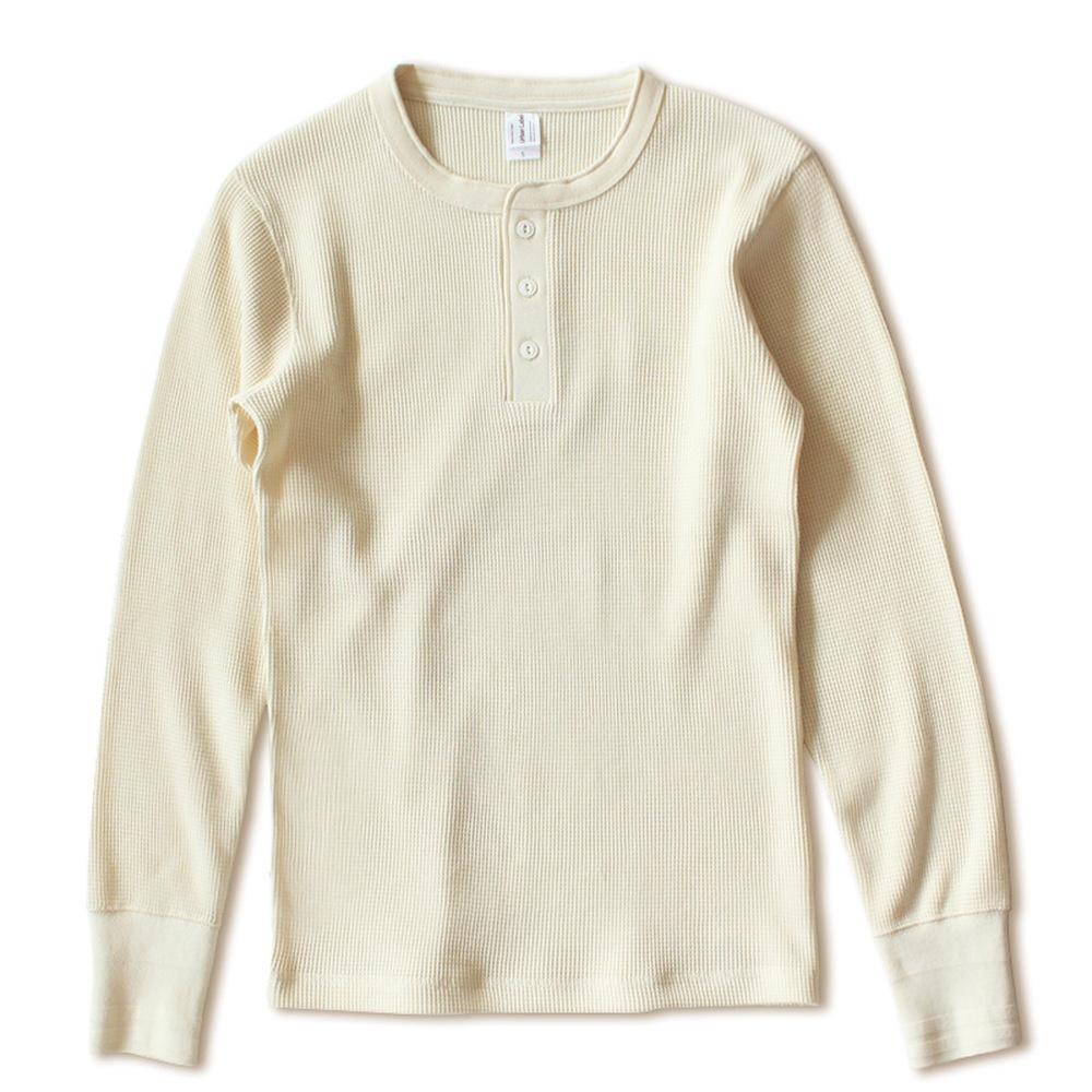 Thick American vintage khaki sweater shirt Waffle cotton Henry collar long sleeve-Veeddydropshipping