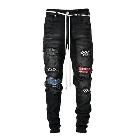 Jeans Fashion Grid Beggar Patches Slim Fit Stretch-MF00631-Veeddydropshipping