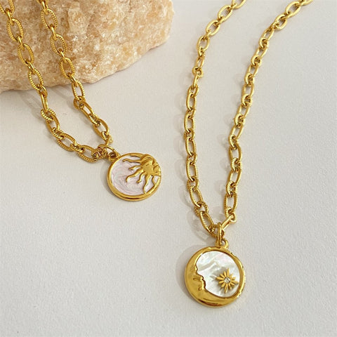 Sun and Moon Pendants Necklace White  Stainless Steel Chain -JW01254-Veeddydropshipping