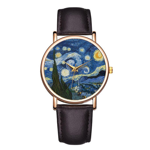 Van Gogh's Starry Sky  Watches Leather Strap Quartz Clock Couple Gift -JW01077-Veeddydropshipping