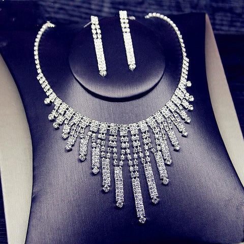 Shine Geometric Rhinestone Necklace Earrings Tassel Jewelry Sets  -JW00298-Veeddydropshipping