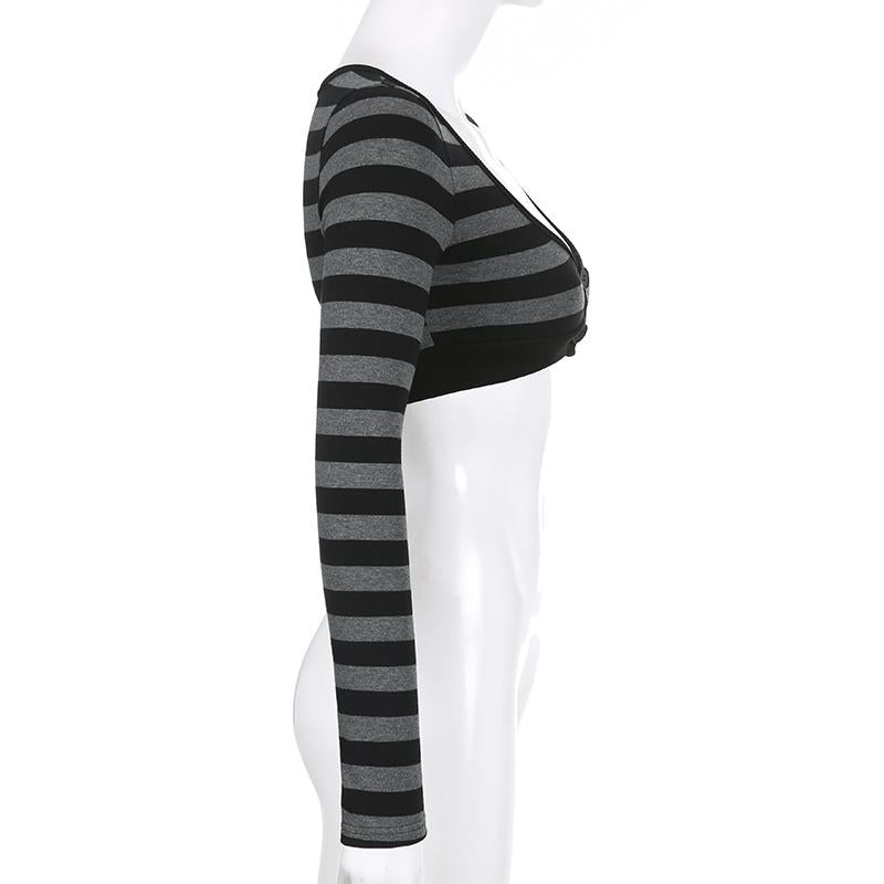 Vintage Striped Crop Top O-neck Long Sleeves Cardigan T-shirt-WF00274-Veeddydropshipping