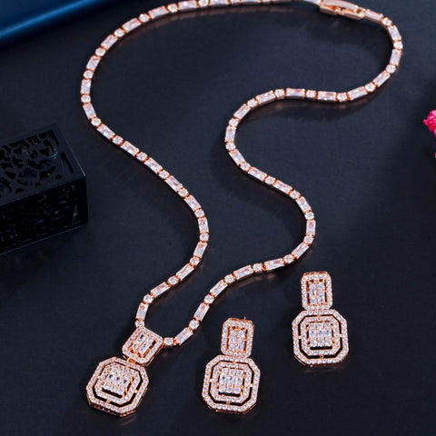 Geometric Square  Shiny Cubic Zirconia Crystal Fashion Jewelry Set  -JW00356-Veeddydropshipping