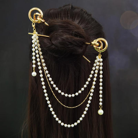 Double Chain Hair Fork Pearl Tassel Hair Stick Hairpin -JW00544-Veeddydropshipping