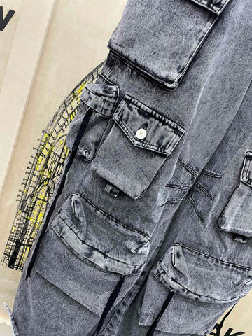 Women Jeans High Waist Straight Big Pockets-WF00076-Veeddydropshipping