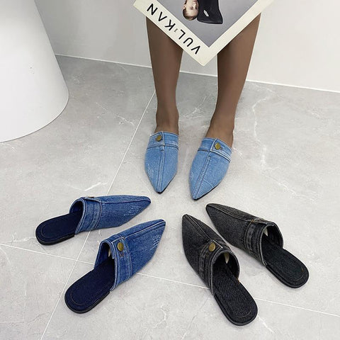 Womens Slippers Denim Round Toe Flat Shoes Female-BS01210-Veeddydropshipping