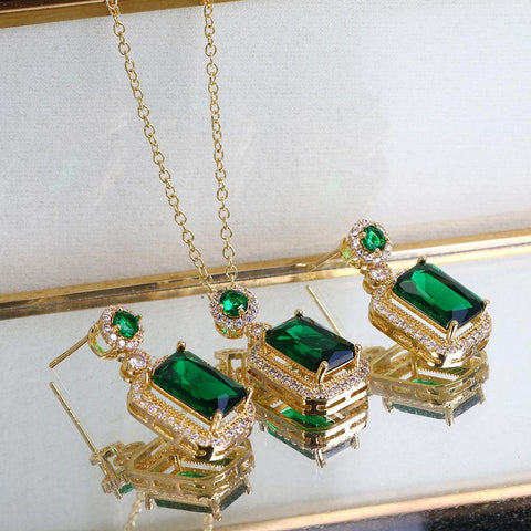 Fashion Bridal Cubic Zircon Green Stone Necklace Earrings Sets -JW00329-Veeddydropshipping