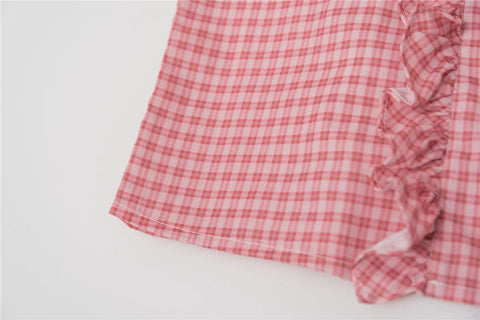 Retro Plaid Single-breasted Shirt Puff Sleeve Ruffled Round Neck-WF00288-Veeddydropshipping