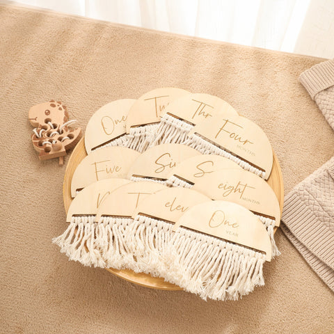 Wooden Baby Milestone Card Newborn Monthly Growth Tassel Cards Baby-TB00756-Veeddydropshipping