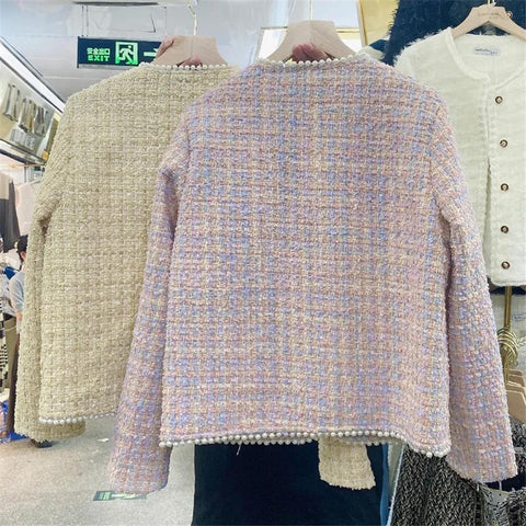 Pearls Vintage Cropped Tweed Jacket Women Korean Fashion-Veeddydropshipping