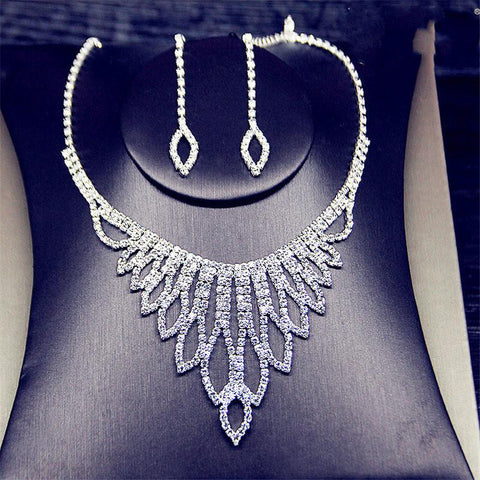Shine Geometric Rhinestone Necklace Earrings Tassel Jewelry Sets  -JW00298-Veeddydropshipping