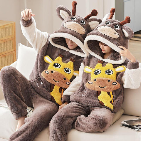 Thicken Warm Pajamas Set For Couple Winter Animal Ears Hoodie Women-MF01583-Veeddydropshipping