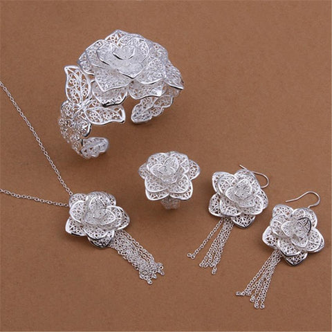 925 sterling Silver Jewelry set  flower-JW00212-Veeddydropshipping