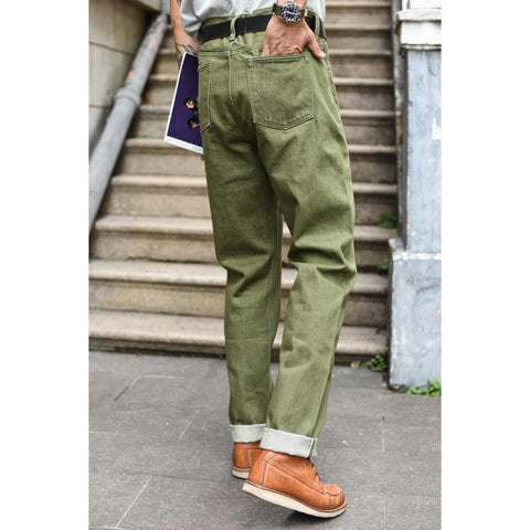 Saucezhan Men Jeans Vulcanization Olive Green 107 Selvedge Denim-TB01283-Veeddydropshipping