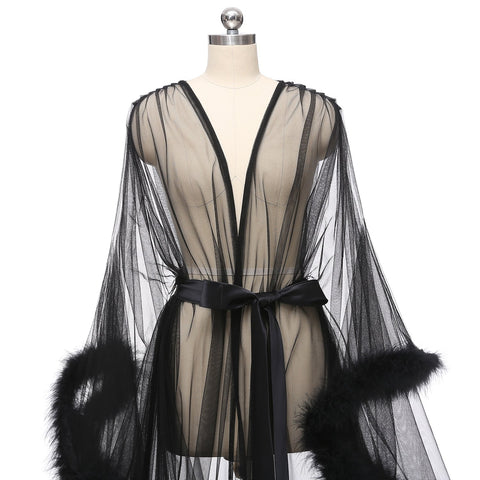 Long Sleeve Feather Tulle Party Evening Dresses-WF01595-Veeddydropshipping