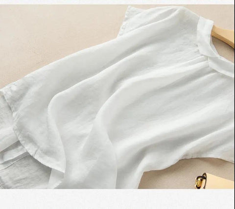 Short-sleeved Cotton Top Vintage Turn-down Collar Solid Shirt-Veeddydropshipping