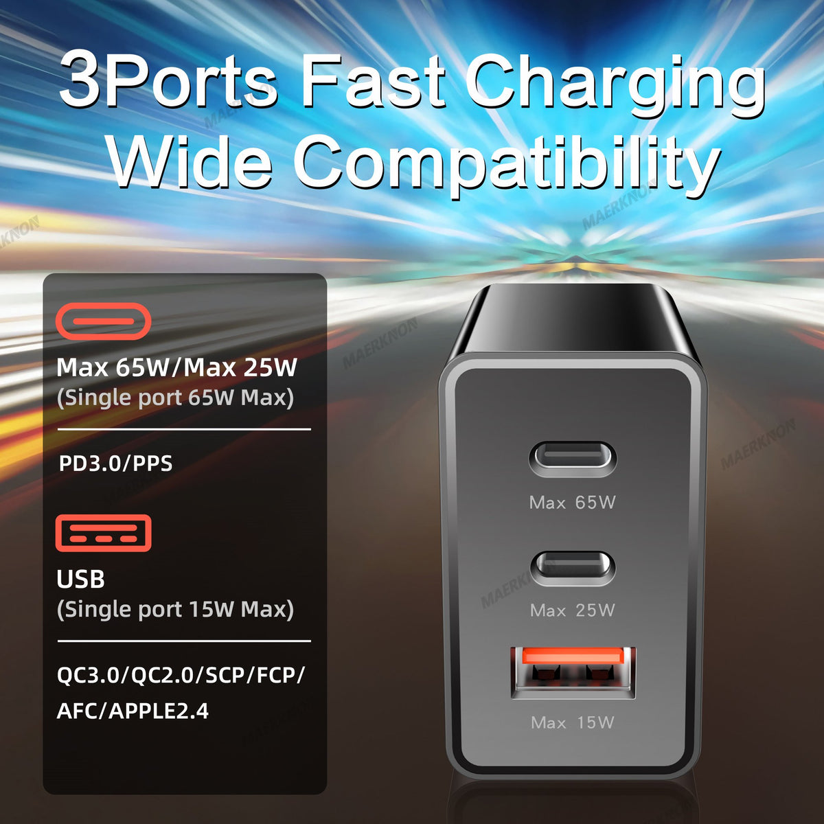 USB PD 65W Fast Charging Charger 3Ports Type C Quick Charger 3.0 Mobile Phone Adapter-PA00045-Veeddydropshipping