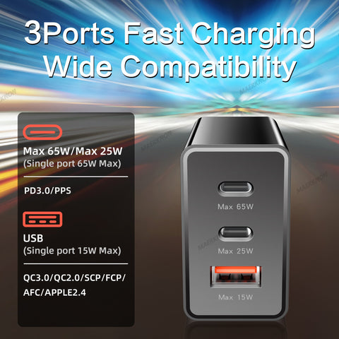 USB PD 65W Fast Charging Charger 3Ports Type C Quick Charger 3.0 Mobile Phone Adapter-PA00045-Veeddydropshipping