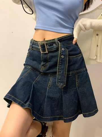 Denim Pleated Women A Line Skirts-WF00640-Veeddydropshipping