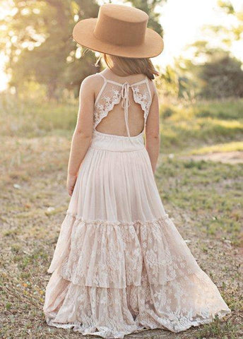 New Girl Lace Chiffon Backless Long Dress Wedding Flower Girl Fashion-TB00835-Veeddydropshipping