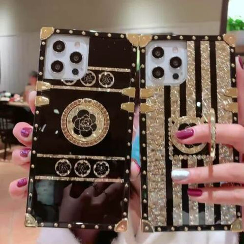 For iPhone 14 13 12 11 8 XS Glitter Bling Gold Flower Square Case Ring Kickstand-PA00170-Veeddydropshipping