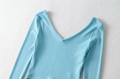 Women’s Slim Crop Tops Bottoming V-neck Long Sleeve T-Shirts--Veeddydropshipping