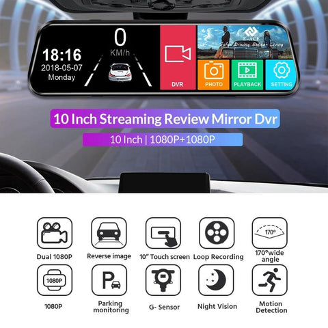 E-ACE Auto Black Box Car Dvr Streaming Media Mirror Dash Camera 10 Inch-AM00709-Veeddydropshipping