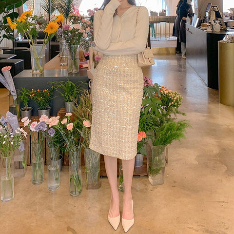 Tweed Skirt Office Lady Mid-length High Waist Skirt-WF00357-Veeddydropshipping