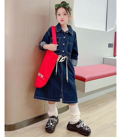 Kids Girl Denim Dresses Pockets Ropes-Veeddydropshipping