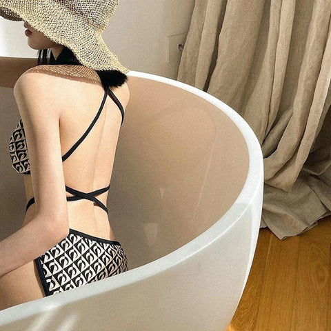 2023 Backless Plaid Monokini Two Piece Swimwear Luxury Sexy Cut Out Deep High -OS00270-Veeddydropshipping