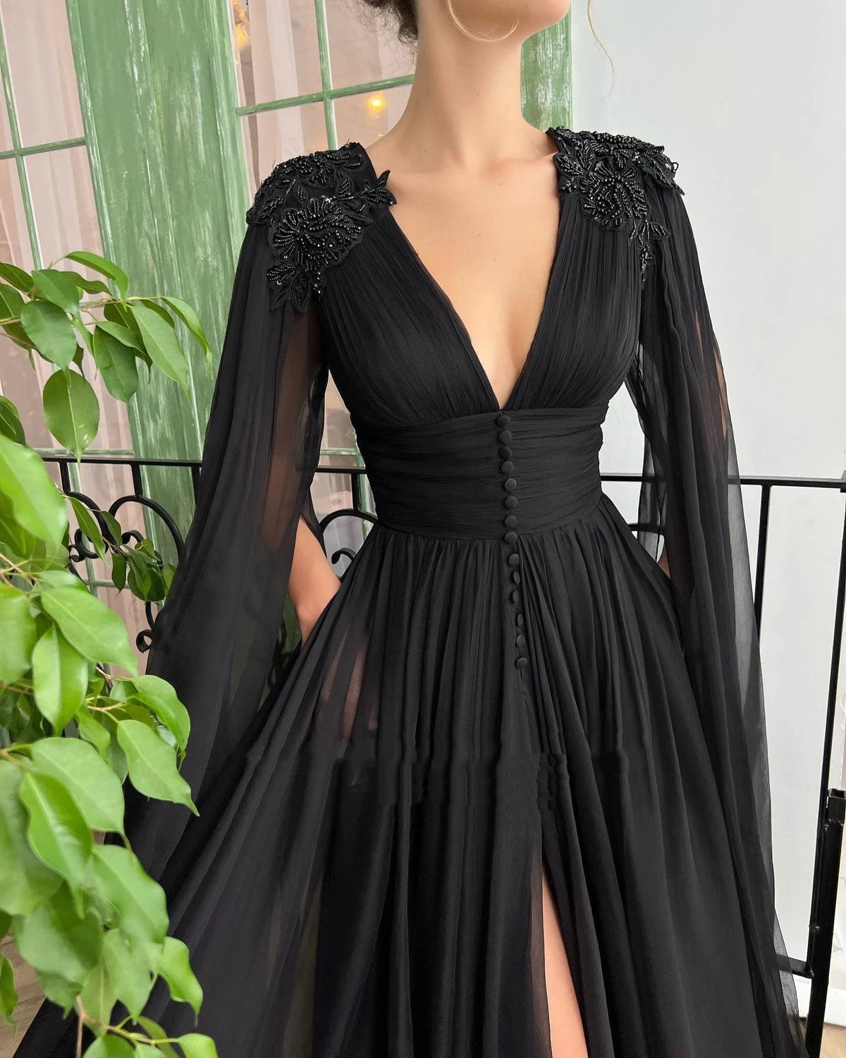 Long Cape Prom Dresses Plunging V Neck-Veeddydropshipping