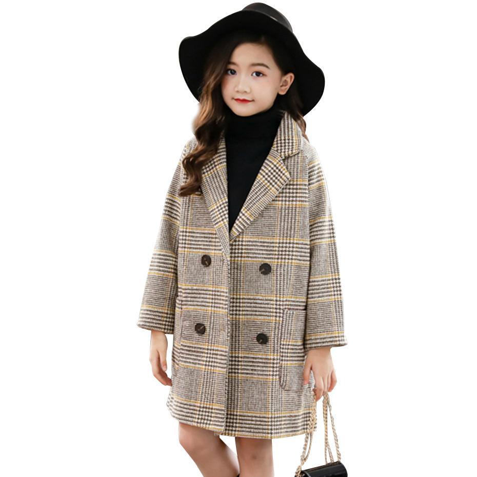 Winter Coat Girls Thick Woolen Jacket Plaid Kids Outerwear-Veeddydropshipping