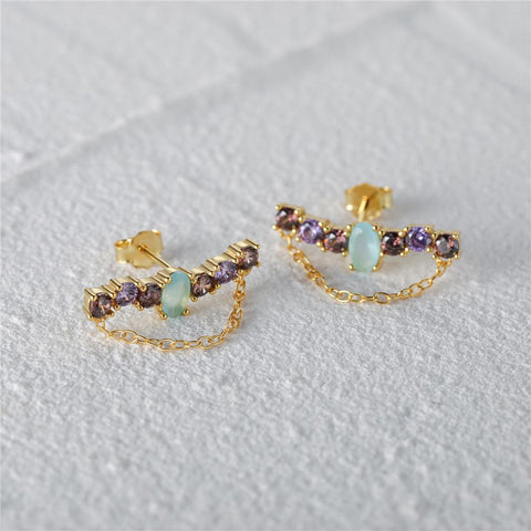 925 Sterling Silver Gold Plating Colorful Zircon Chain Stud Earrings for Women-JW00071-Veeddydropshipping