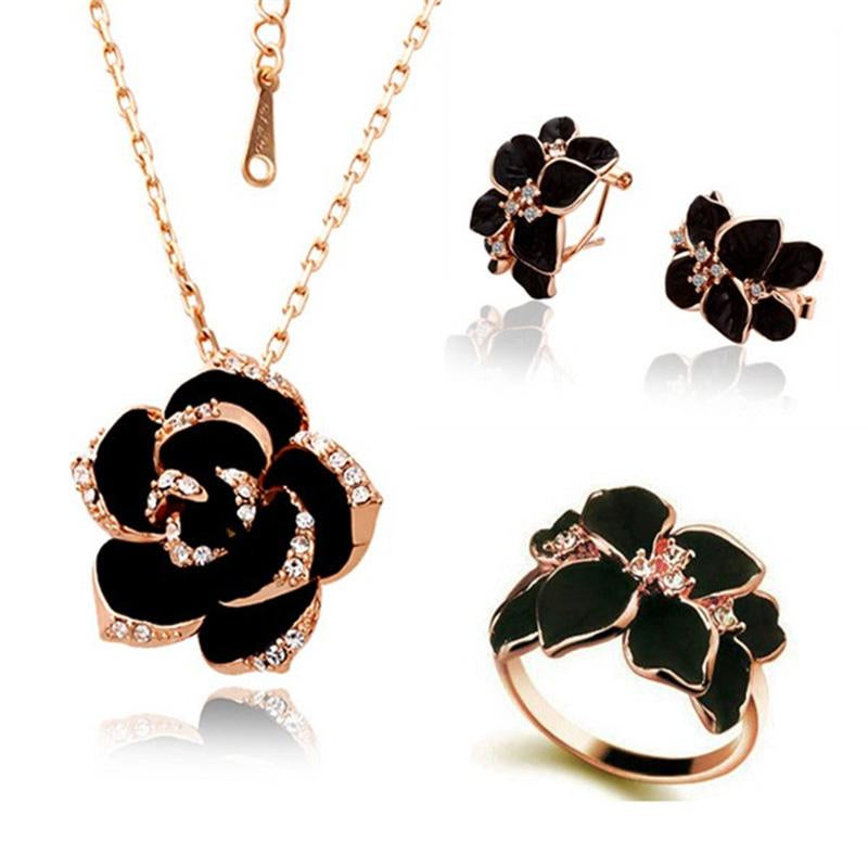 Fashion  Enamel Rose Gold Color Black Bridal Jewelry Sets -JW00349-Veeddydropshipping