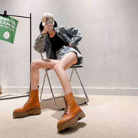 Women Shoes Black Leather Ankle Boots Punk Shoes Thick-BS00928-Veeddydropshipping