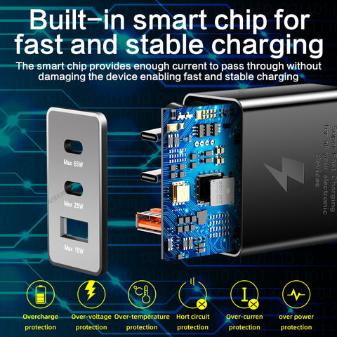 USB PD 65W Fast Charging Charger 3Ports Type C Quick Charger 3.0 Mobile Phone Adapter-PA00045-Veeddydropshipping