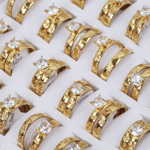Bulk Job CZ Crystal Stainless Steel Gold Ring  -JW00427-Veeddydropshipping