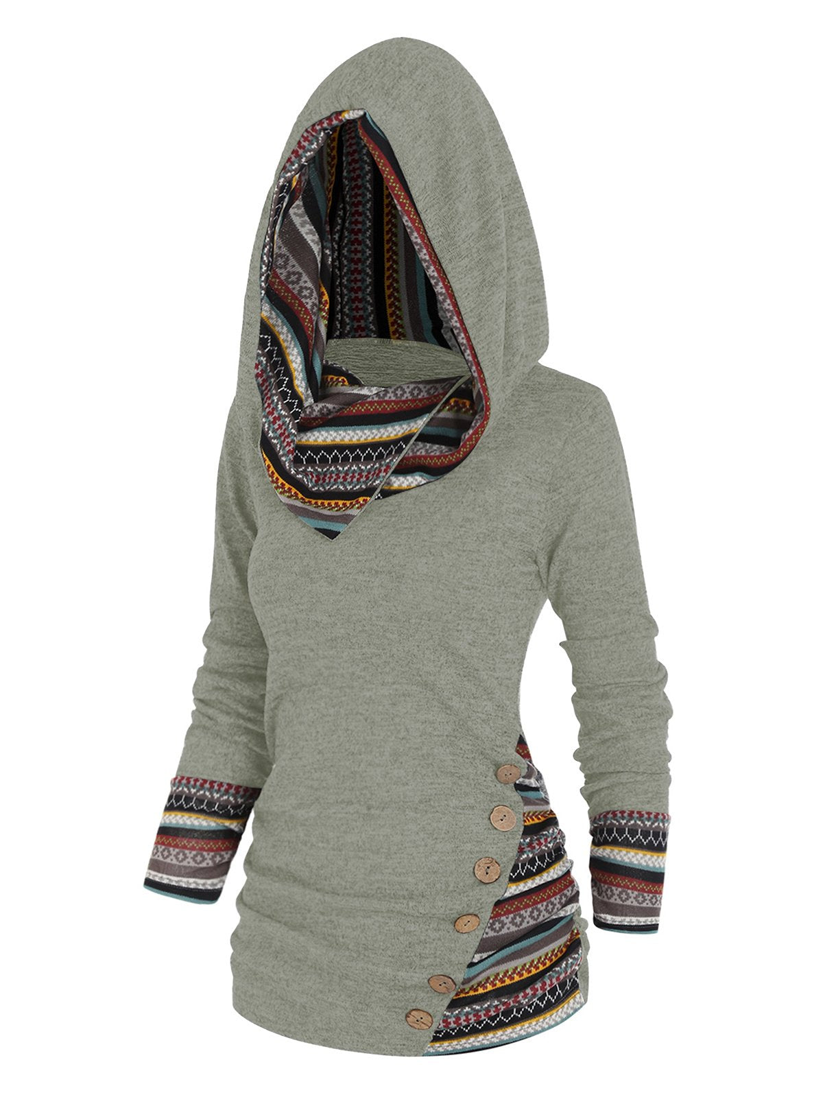 Tribal Geometric Stripe Panel Hooded Knit Top Long Sleeve-Veeddydropshipping