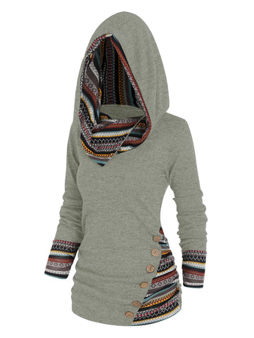 Tribal Geometric Stripe Panel Hooded Knit Top Long Sleeve-Veeddydropshipping