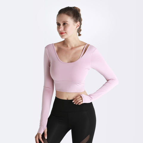 Women Yoga Shirt Gym Long Sleeve Tight Crop Tops Shoulder Strap Workout -OS00922-Veeddydropshipping
