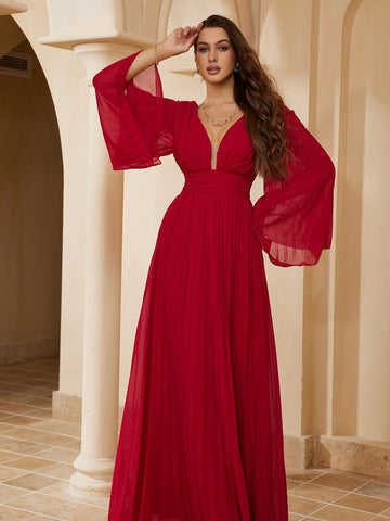 Sexy Deep V Neck Long Sleeve Celebrity Dress-WF01577-Veeddydropshipping