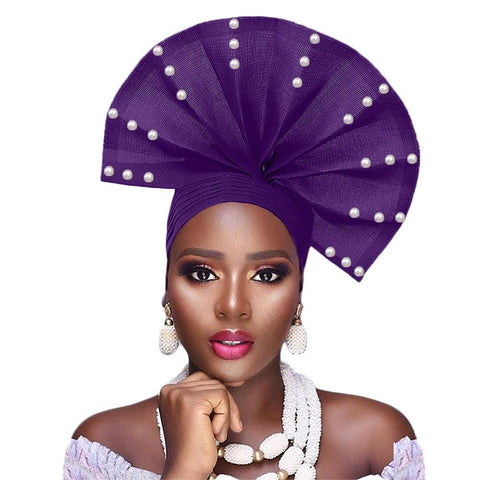 African Headtie With Beads Cap-WF01500-Veeddydropshipping