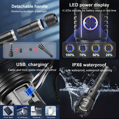 1000000LM 600W LED Powerful Flashlight USB Recharge Flash Light 12000MAh-TI00764-Veeddydropshipping