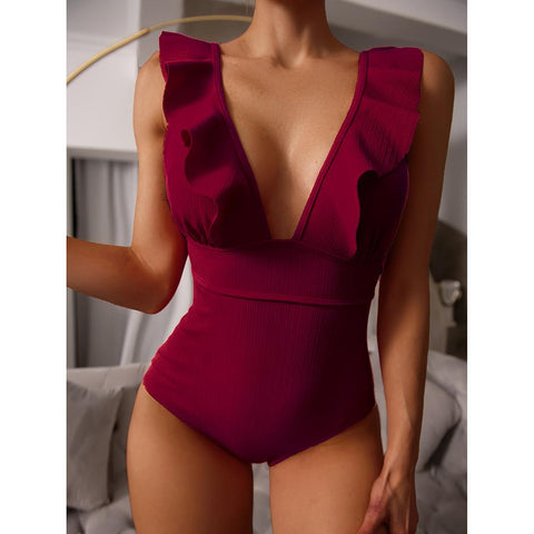 Sexy Ruffle Swimwear Women`s 2022 Deep V One Piece Swimsuit Female Bathing -OS00117-Veeddydropshipping